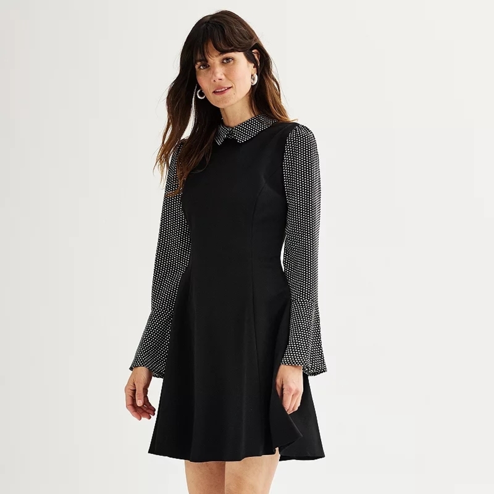 Andrew Marc Black and White Long Sleeve Dress